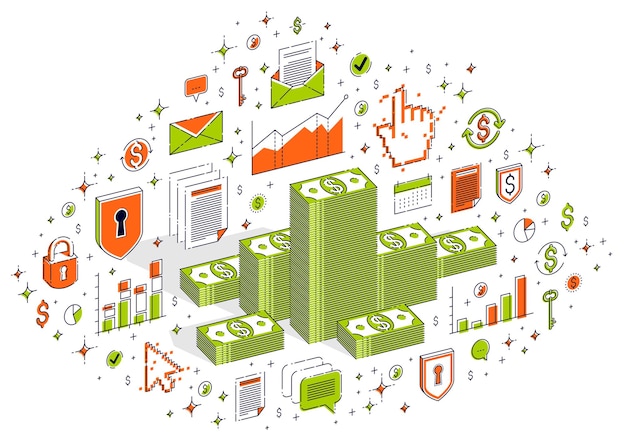 Contant geld dollar stapels geïsoleerd op een witte achtergrond. vector 3d isometrische zaken en financiën illustratie met pictogrammen, statistieken grafieken en ontwerpelementen.