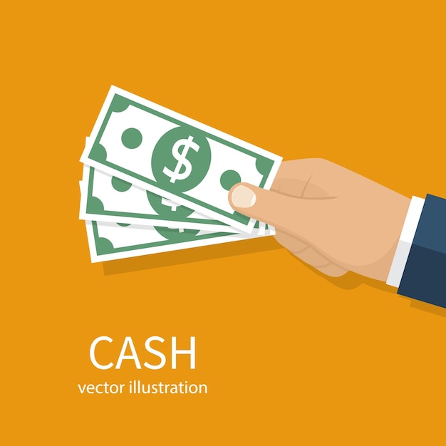 Contant geld in de hand in de hand aanhoudend geld dat loongeven toont vector illustratie plat ontwerp geïsoleerd op background