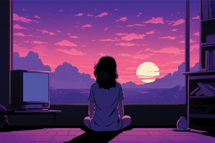 Vector contemplative sunset anime art