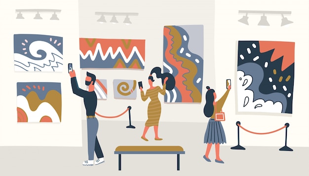 contemporary abstract art museum concept. exhibition visitors looking at the painting hanging on gallery wall, people viewing museum exhibit. illustration.