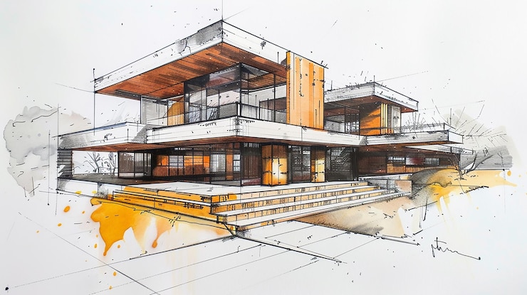 Vector contemporary architectural sketch with pencil and markers of a facades house