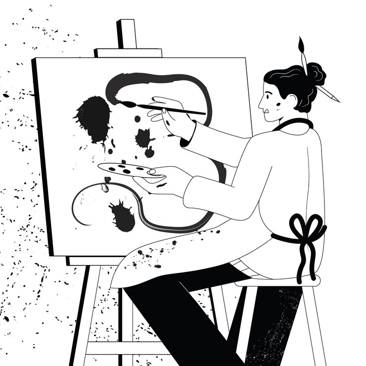 Vector contemporary artist creating picture woman painting abstract splats on canvas