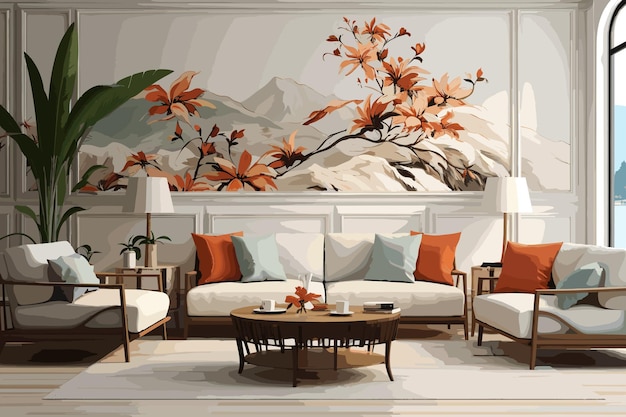 Vettore soggiorno classico bianco beige contemporaneo con piante e sfondo di tappeti decorativi
