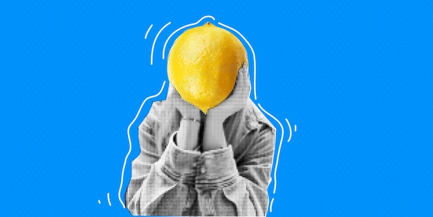 Современный коллаж на концепции еды женщина с лимонной головой удивленный фанки синий фон и
