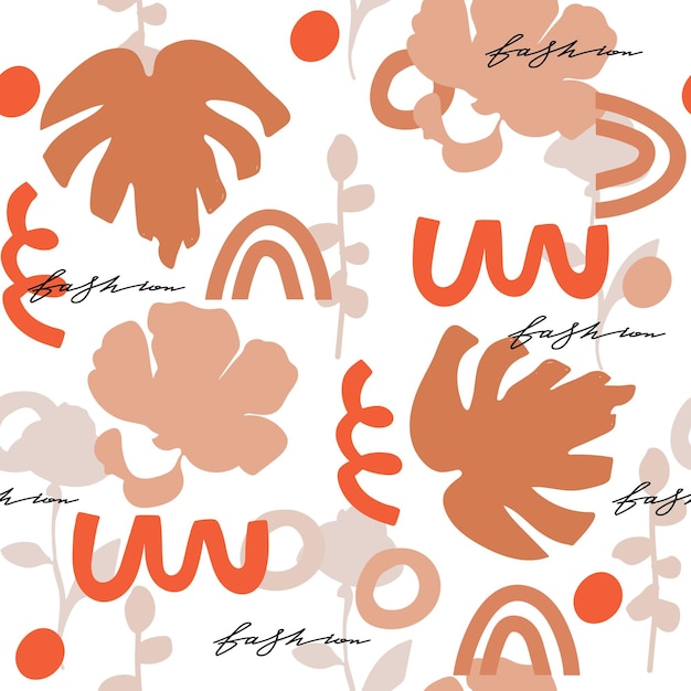 Vector contemporary collage seamless pattern terracotta abstract shapes and tropical leaves