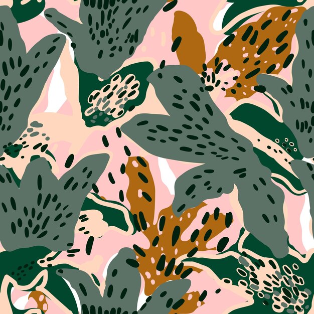 Contemporary collage tropical leaves and flowers seamless pattern Creative scribble funny hipster element wallpaper Abstract doodle shape background Trendy design for fabric textile print surface