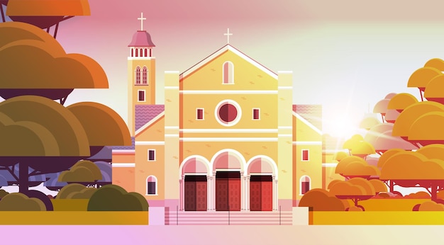 contemporary facade of catholic church architecture christian religion culture concept horizontal vector illustration