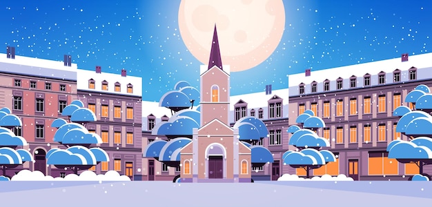 Vettore facciata contemporanea della chiesa e delle case edifici architettura notte inverno paesaggio urbano sfondo illustrazione vettoriale orizzontale