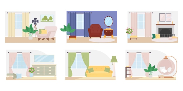 Contemporary home decor flat color vector illustration set Living room and home office
