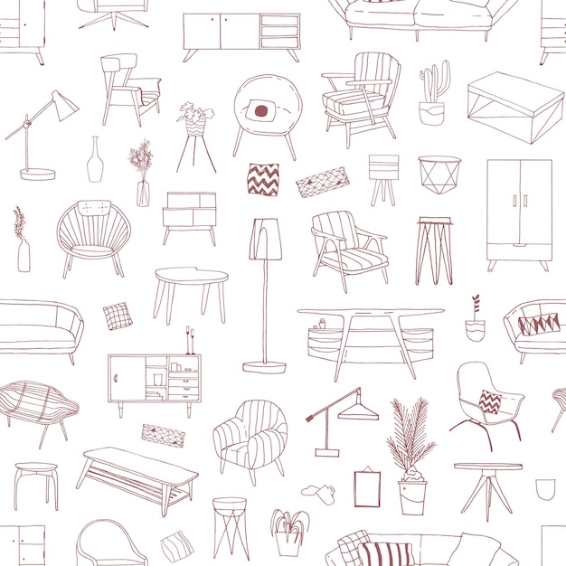 Contemporary home furniture hand drawn vector seamless pattern. Home interior design elements backdrop. Modern house furnishing accessories background. Vintage armchair, coffee table texture.