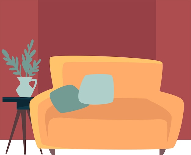 Современный интерьер гостиной, диван с декоративными подушками, журнальный столик и ваза с цветами. Цветочная композиция, мебель и декор для домашней квартиры. Вектор в плоском стиле