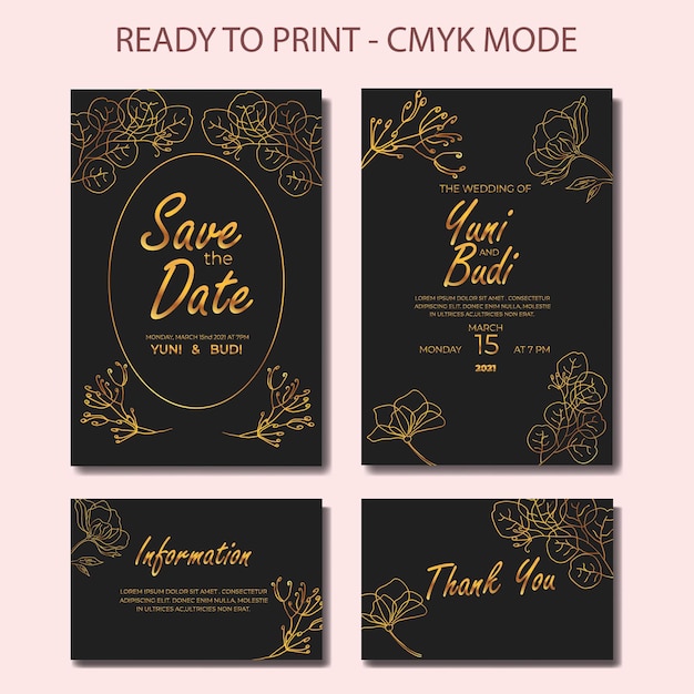  contemporary mid century line golden flower wedding invitation template