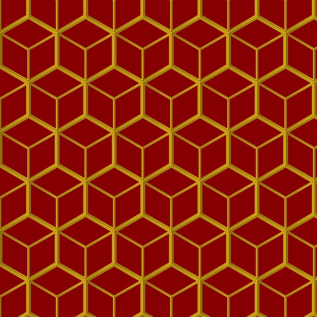 Contemporary mosaic repeating hexagon golden linear shape outlines on a red background.