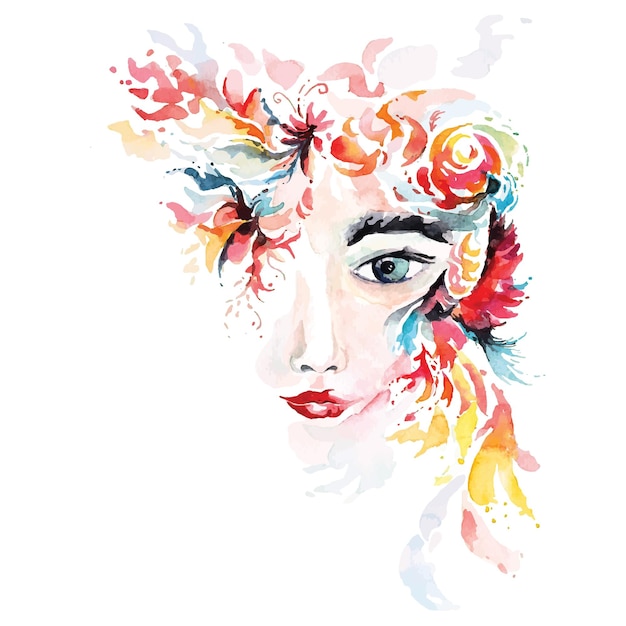 Contemporary painting of a lady faceWoman abstract face watercolorFantasy female beauty