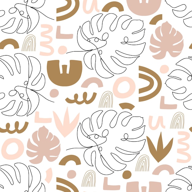 Contemporary seamless pattern Terracotta abstract shapes and continuous line monstera leaves