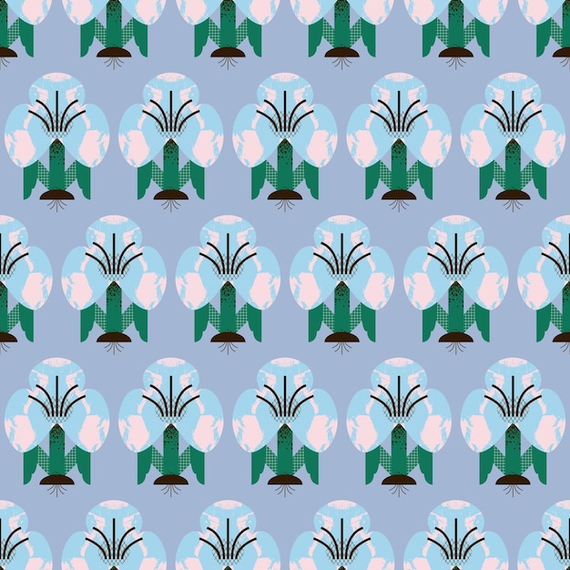 Contemporary seamless pattern with symmetrical flowers made of geometric shapes