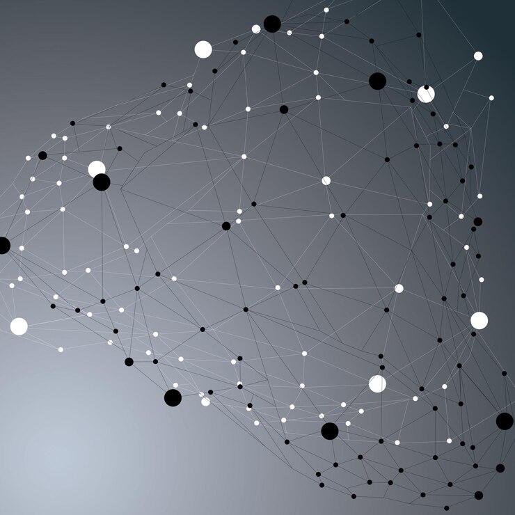 Vector contemporary technology black and white stylish futuristic construction, abstract 3d figure with connected lines and dots.