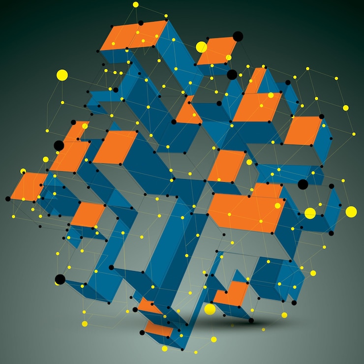 Vector contemporary technology colorful stylish futuristic construction, abstract 3d figure with connected lines and dots.