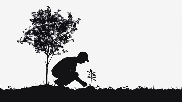 Vector contemporary tree planting silhouette illustration for green environment advocacy