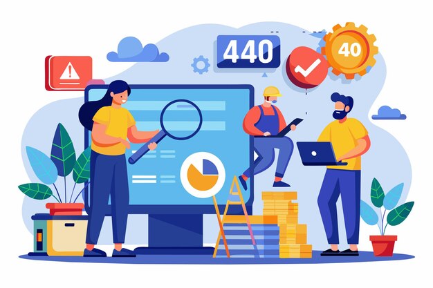 在現代工作空間中,員工在使用數碼工具時調查數據儲存錯誤. 員工使用平面插圖尋找數據儲存错误,特別是 404 錯誤.