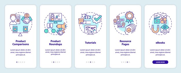 Contenuti per la schermata dell'app mobile di onboarding del sito web affiliato