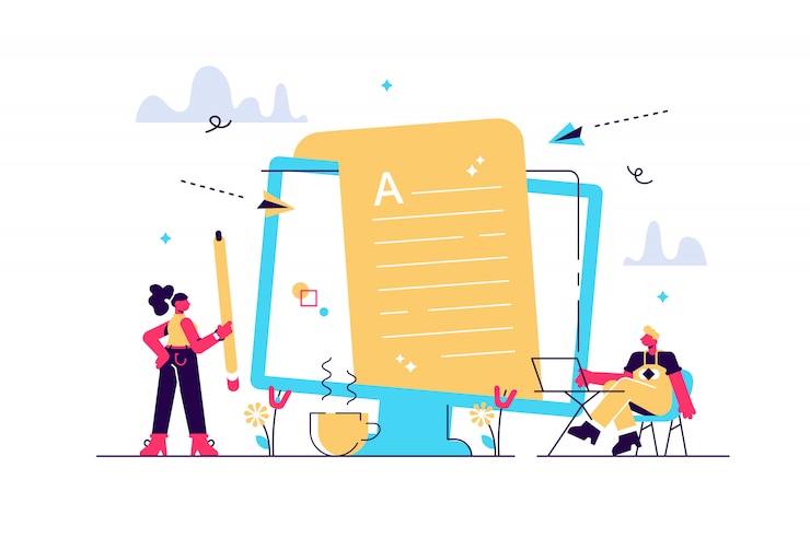 Vector content creating, articles, text writing and editing remote job. inbound marketing. copywriting job, home based copywriter, freelance copywriting concept. isolated concept creative illustration