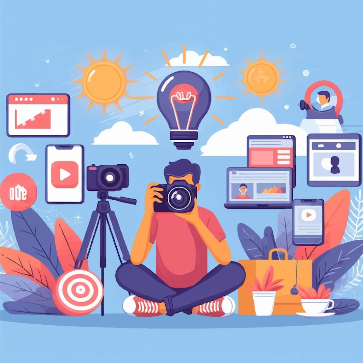 Vector content creator creating content vector flat illustration modern vlogger concept