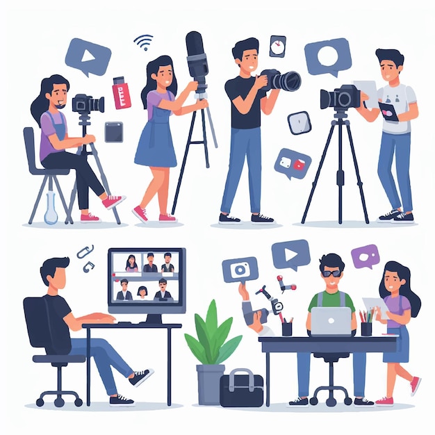 Content creator creating content vector flat illustration modern vlogger concept