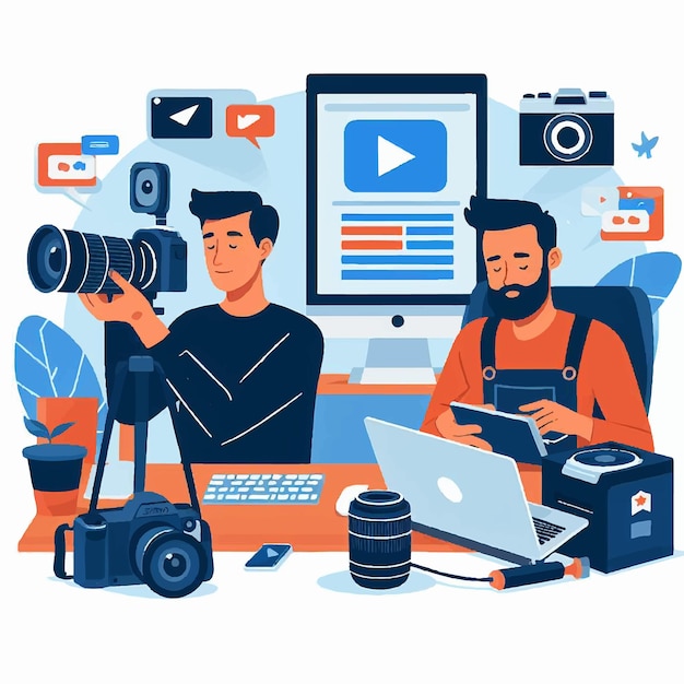 Creatore di contenuti che crea contenuti vettoriali illustrazione piatta concetto moderno di vlogger