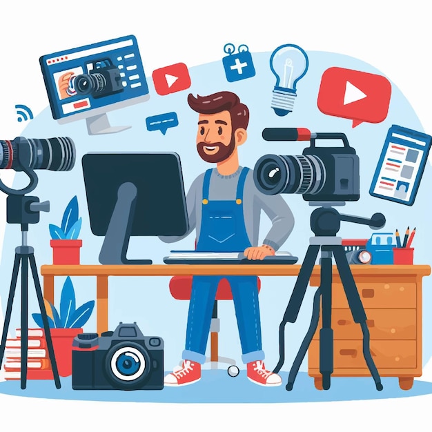 Content creator creëert content vector flat illustratie moderne vlogger concept