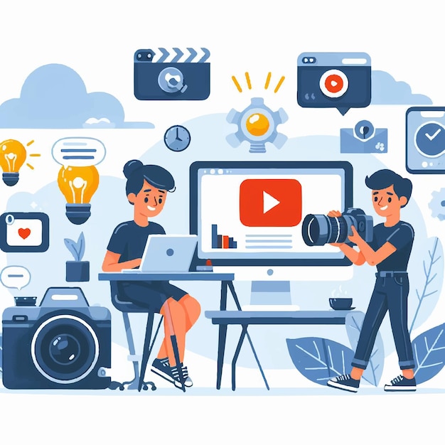 Content creator creëert content vector flat illustratie moderne vlogger concept