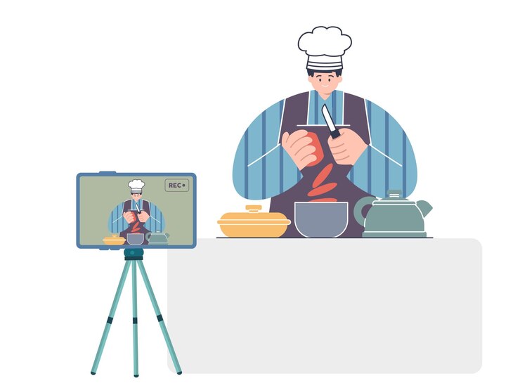 Vector content creator making video vlogger blogger tutorial social media digital reach audience design
