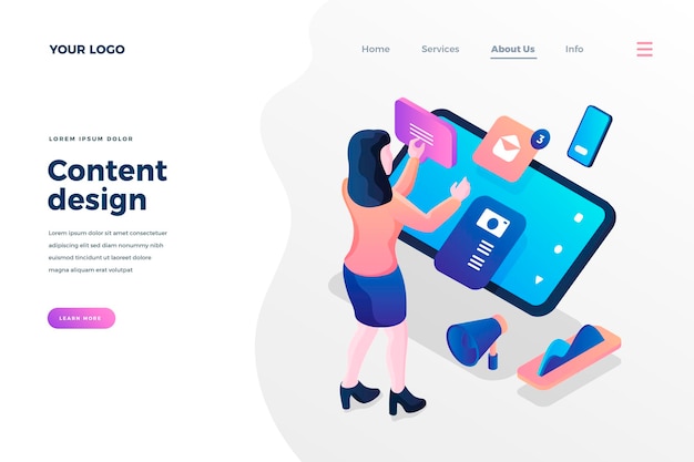 Vector content design isometric landing page template female smm specialist selecting materials for social media posts