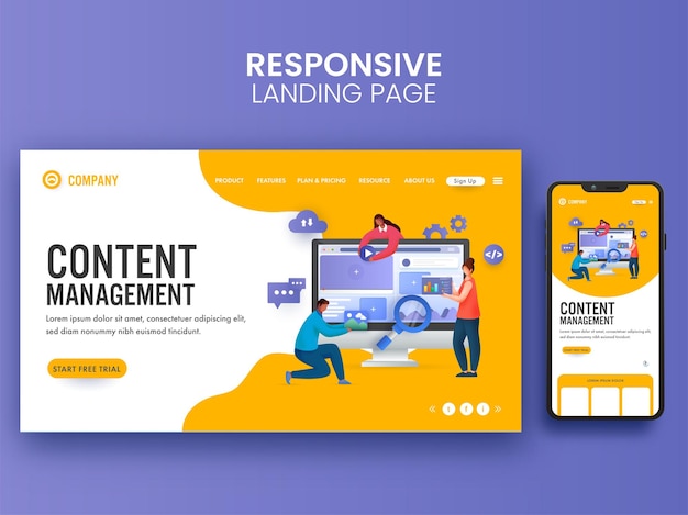Vector content management concept based landing page with business people working together and smartphone illustration.