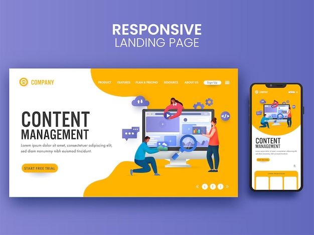 Content management concept based landing page with business people working together and smartphone illustration.