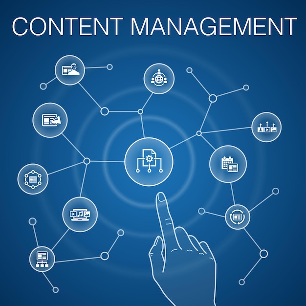 Content management concept blue backgroundcms content marketing outsourcing digital content simple icons