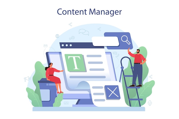 Vector content management concept. idea of digital strategy and content for social network making. communication with customer on social media.