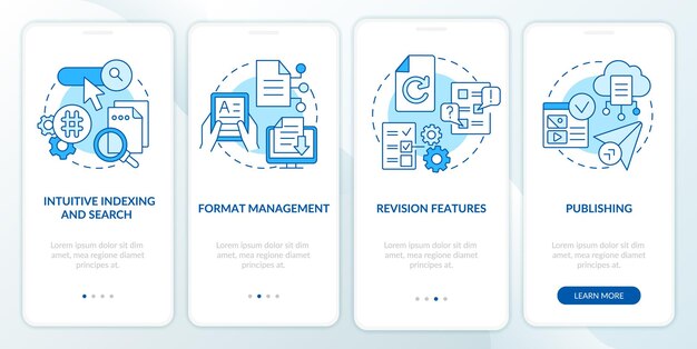 Content management system attributes blue onboarding mobile app screen