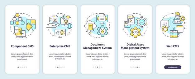 Content management systems types onboarding mobile app screen