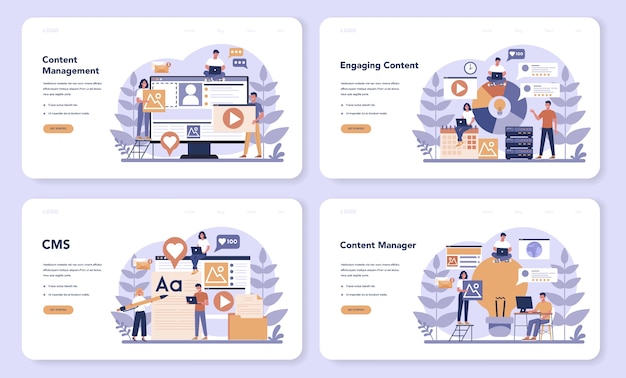 Content management web  landing page set. idea of digital strategy and content for social network making. communication in social media. isolated flat illustration