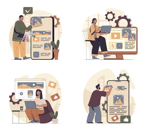 content manager concept scenes set in flat web design people in situations of creating photos images videos and text contents for webpage filling planning online posting vector illustrations