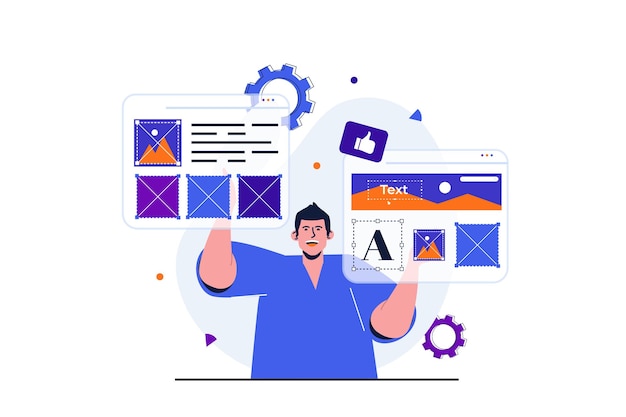 ベクトル ウェブバナーデザインのためのコンテンツマネージャーのモダンなフラットコンセプト男はウェブサイトのレイアウトと作品を最適化します