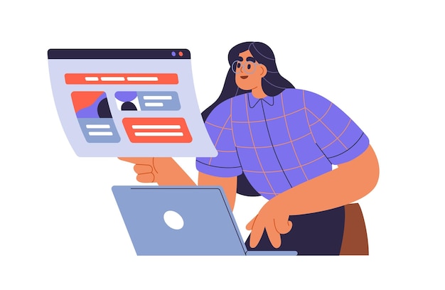 コンテンツ マネージャーはラップトップで作業します。 Web サイト編集者は、コンピューターでオンライン ページを編集します。インターネットサーフィンをする女性。 CMS、情報技術の概念。白い背景に分離されたフラット ベクトル図