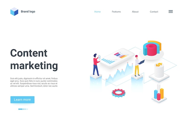 Content marketing isometric landing page seo optimization campaign for target searching