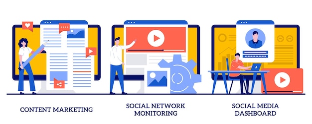 Content marketing, monitoraggio dei social network, dashboard dei social media con persone minuscole