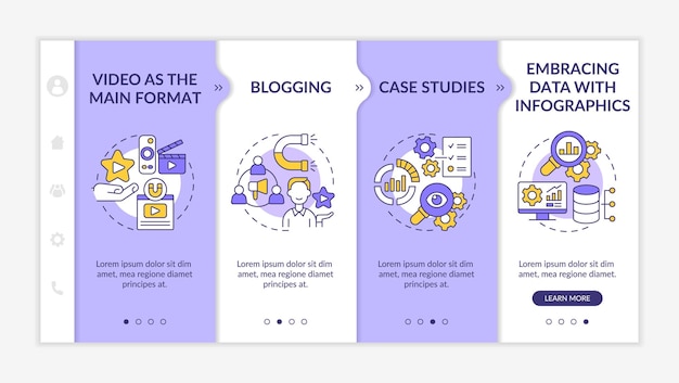 Vector content marketing trends purple and white onboarding template responsive mobile website with linear concept icons web page walkthrough 4 step screens latobold regular fonts used