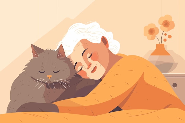 Довольная пожилая женщина лежит в постели, кошка дремлет у нее на груди Обрадованная бабушка спит дома, обнимая своего пушистого компаньона