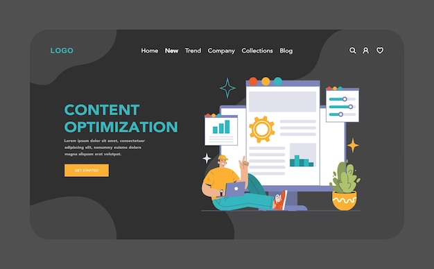 Vector content optimization dark or night mode web landing analyzing and improving website information
