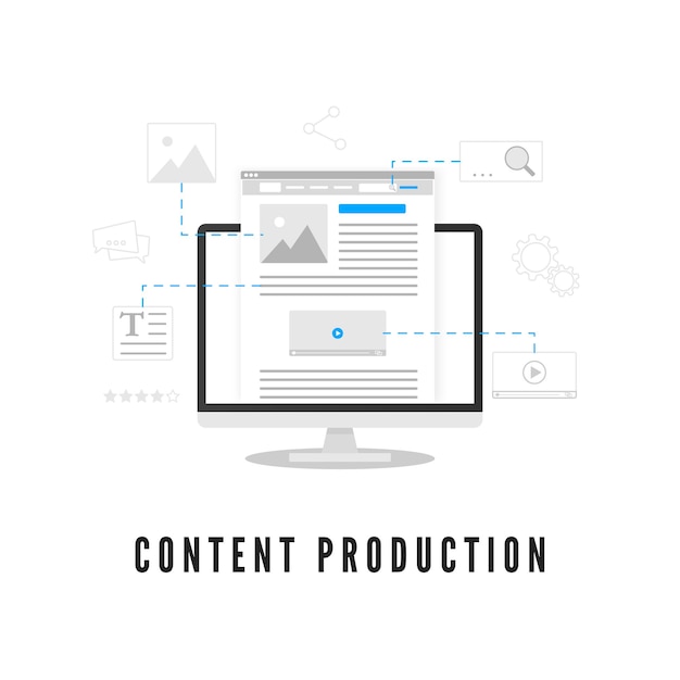 Produzione di contenuti creazione di blog o notizie sviluppo di siti web sullo schermo del pc da diversi elementi illustrazione vettoriale