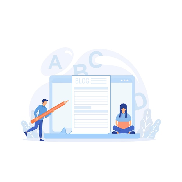 Vettore scrittore di contenuti. concetto di creazione di articoli di blog, attività di lavoro freelance e marketing, illustrazione moderna vettoriale piatta